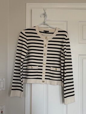 Dynamite Black & Cream Striped Crew Cardigan with Gold Buttons
